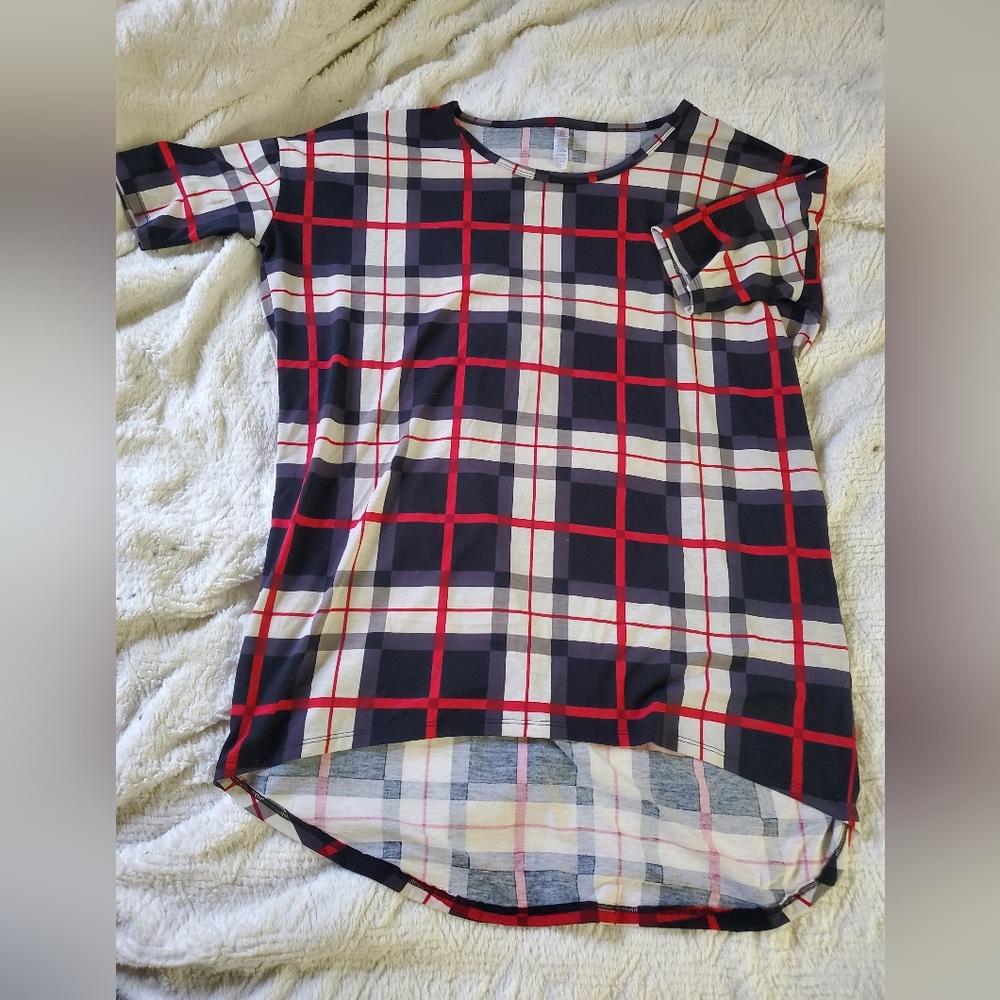 Lularoe Irma Tunic Size Small Plaid Pattern Red, Black and Beige